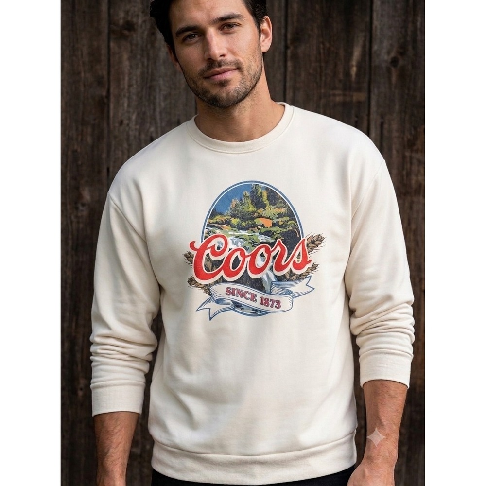 Coors Banquet Mens XL Cream Graphic fleece Sweatshirt Waterfall Logo NEWw tags
